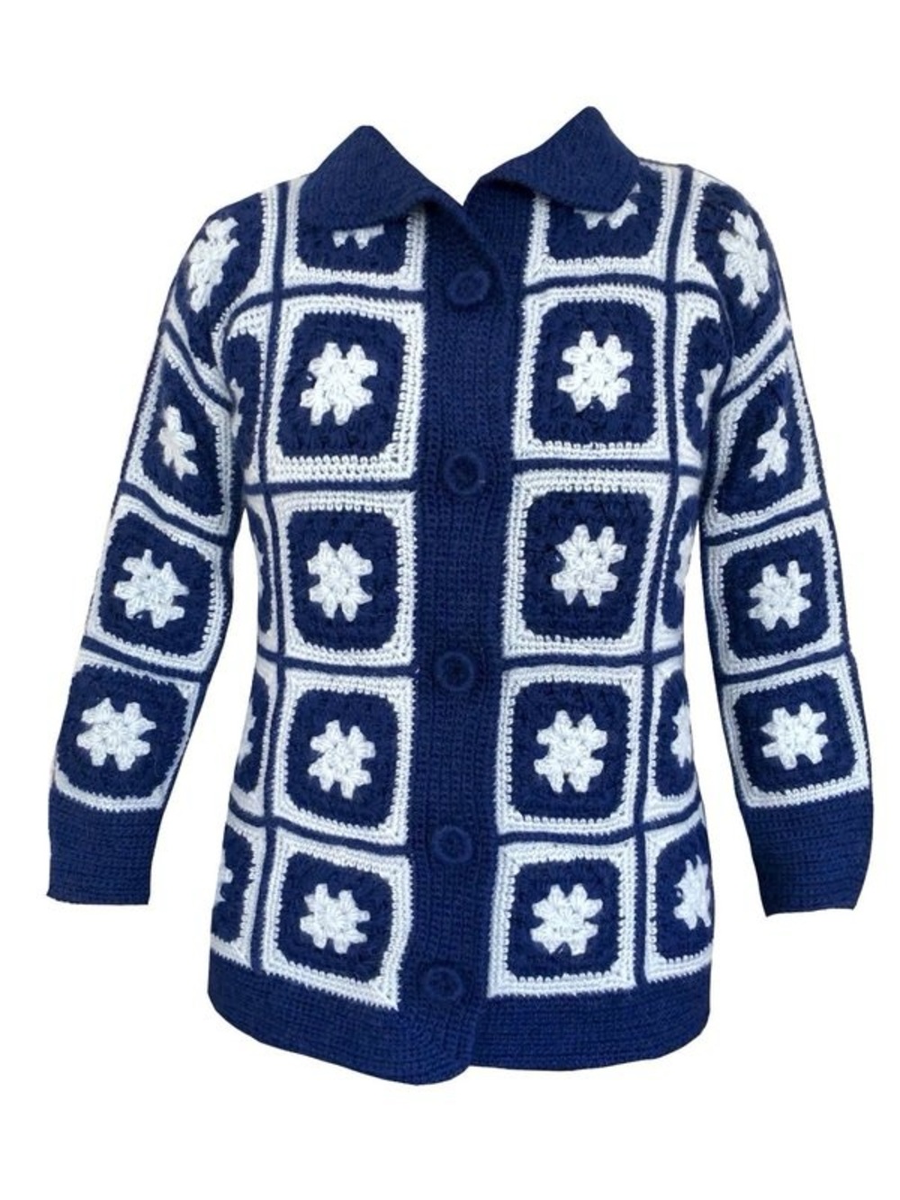 Batsheva blue and white women’s handmade alpaca wool cardigan S